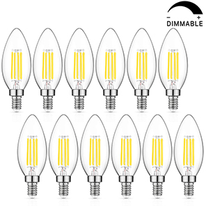 Dimmable LED Candelabra Bulb 60W Equivalent, 5000K Daylight White, 6W Chandelier LED Filament Light Bulbs 600Lumens, E12 Base, B11 Decorative Candle Bulb Pack of 12