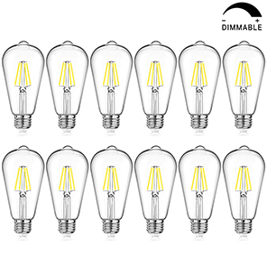 LED Edison Bulb Dimmable, Daylight White 5000K, 40W Equivalent, 4W Vintage ST64 LED Filament Light Bulbs, E26 Medium Base, Pack of 12