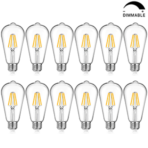 LED Edison Bulb Dimmable, Warm White 2700K, 40W Equivalent, 4W ST64 Vintage LED Filament Light Bulbs, E26 Medium Base, Pack of 12