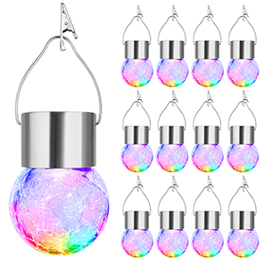 12-Pack Hanging Solar Lights Outdoor, Decorative Cracked Glass Ball Light, Solar Powered Waterproof Globe Lighting with Handle for Garden, Yard,Patio,Tree,Holiday(Multicolor)