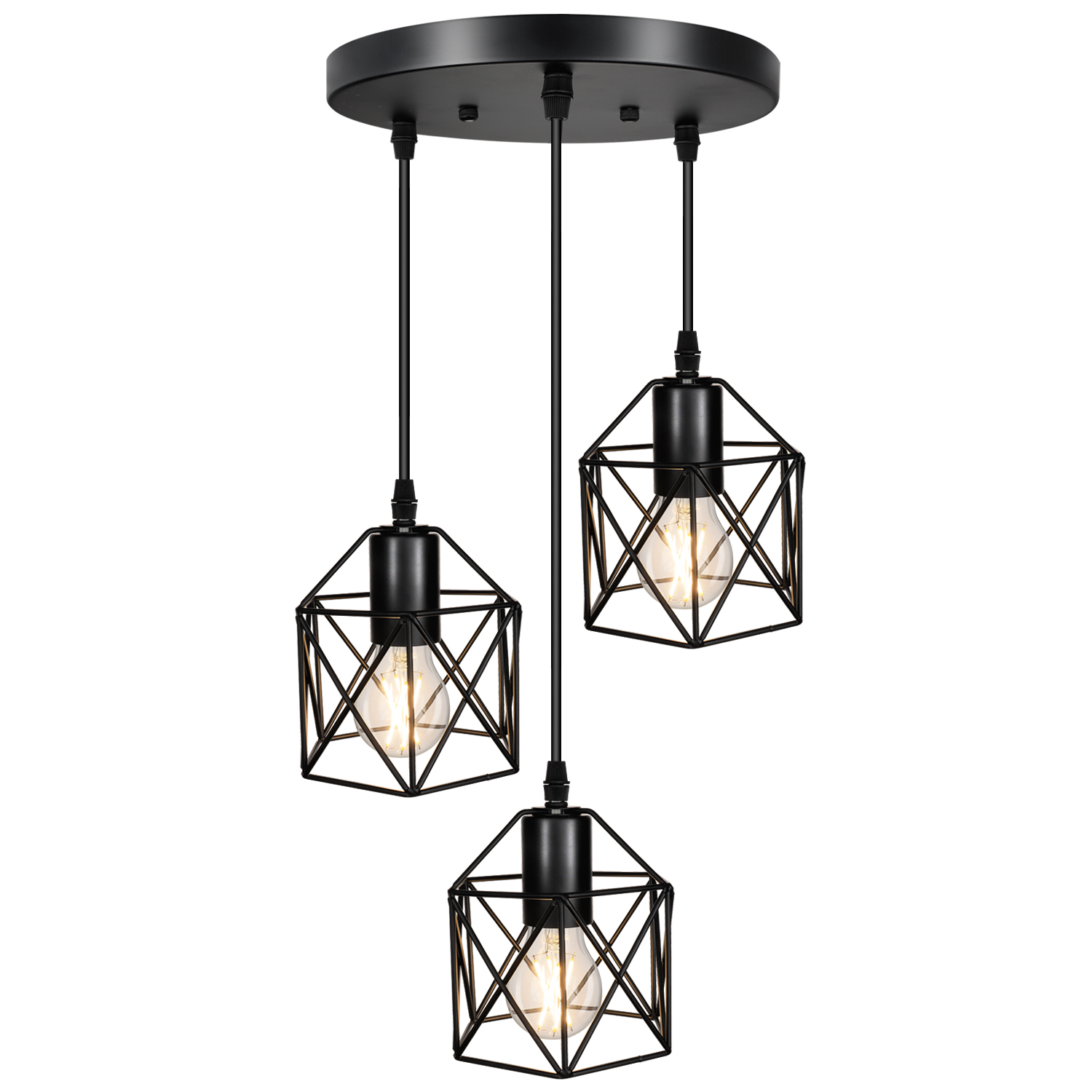 Industrial 3-Light Pendant Lighting, Adjustable Hanging Light Fixtures, Vintage Farmhouse Pendant Light with Metal Caged E26 Base for Kitchen Island Dining Room Living Room, Black