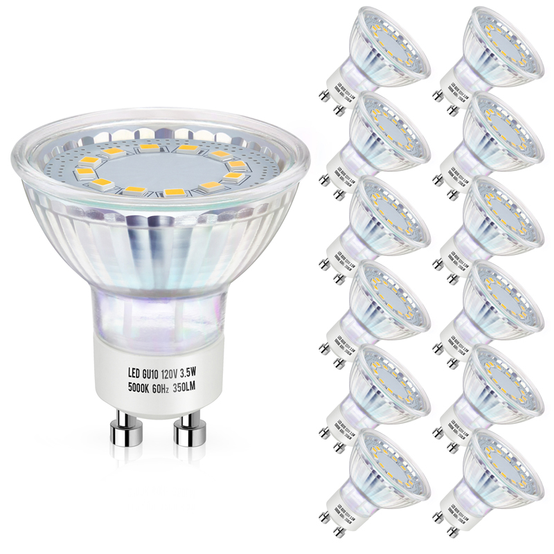 GU10 LED Bulb 50W Halogen Equivalent, Daylight White 5000K Track Light Bulbs, 3.5W 350Lumens, CRI 85+, 120 Degree Flood Beam Angle, Non-Dimmable, Pack of 12