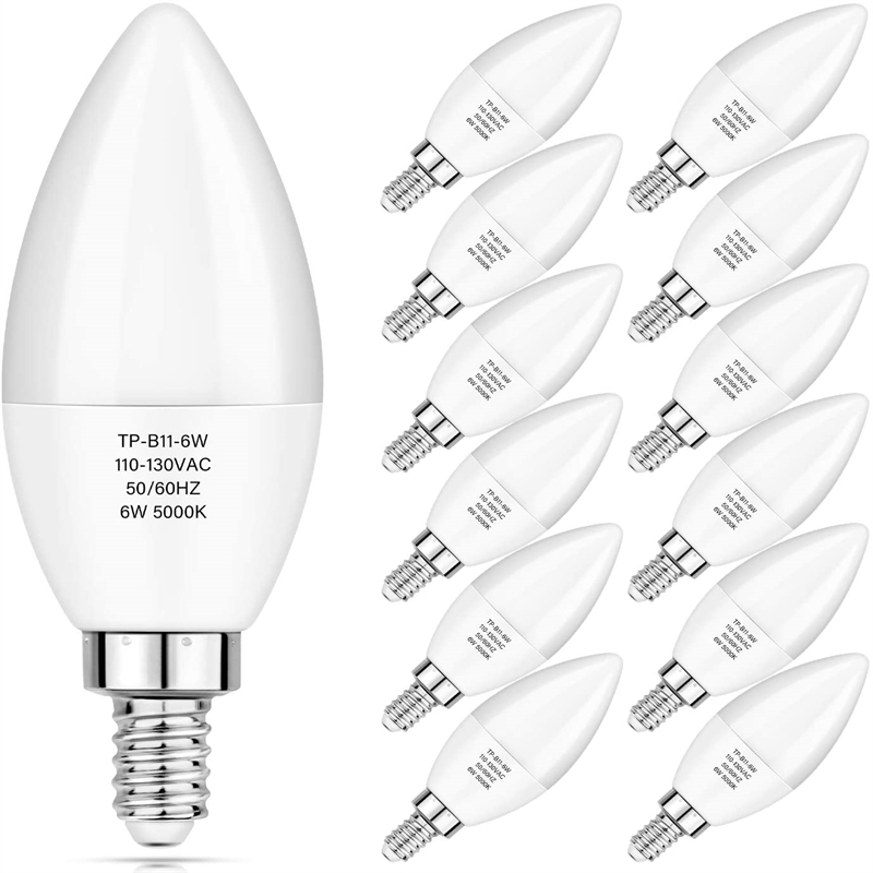 E12 Candelabra LED Bulbs 60W Equivalent, Daylight White 5000K, 6W Chandelier Light Bulbs 600 Lumens, B11 Candle lamp with Decorative Candelabra Base, Non-Dimmable, Pack of 12