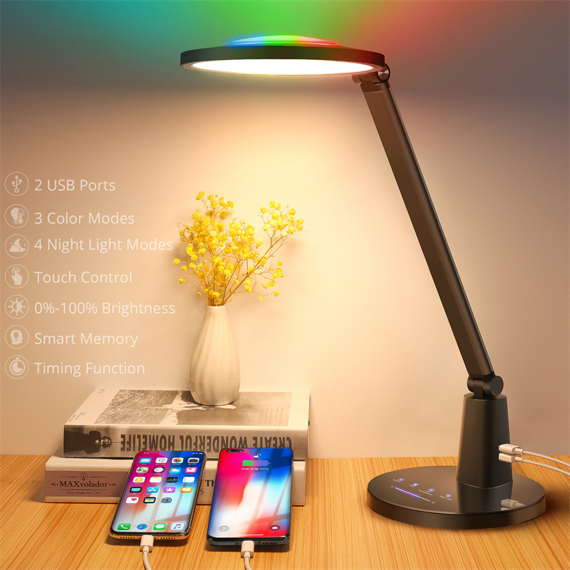 Multifunctional LED Desk Lamp, Fully Dimmable Office Desk Lamps with RGB Night Lights, Adjustable Desk Lighting with 2 USB Ports & 3 Light Modes, 30/60 Min Auto Timer Reading Light Black