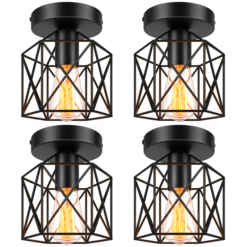 Semi-Flush Mount Ceiling Lights, E26 E27 Retro Industrial Ceiling Light Fixture, Vintage Black Metal Cage Farmhouse Lighting for Porch Hallway Bedroom Kitchen Stairway, 4 Packs