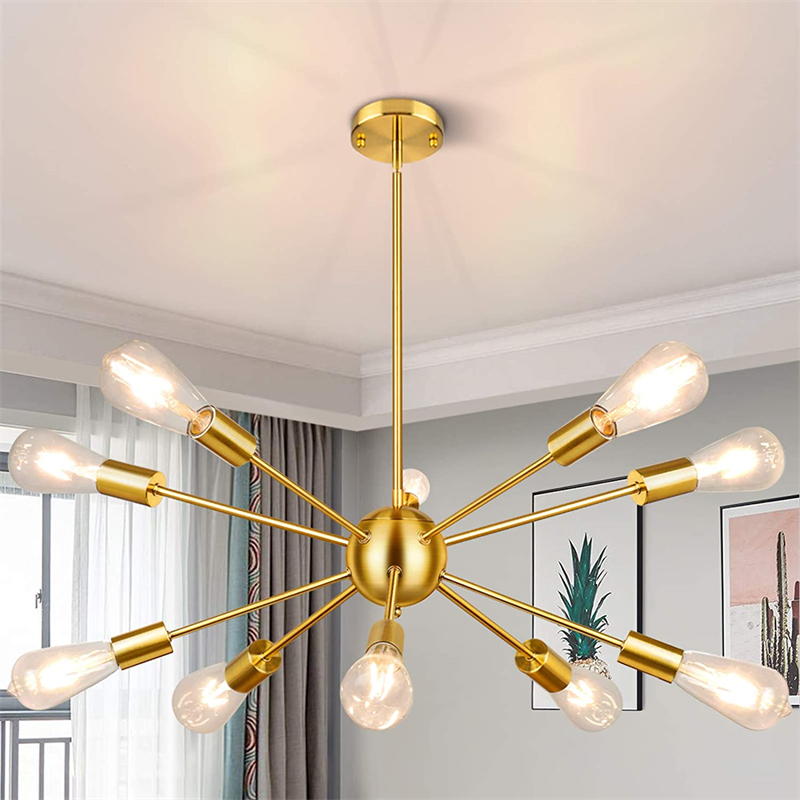 Sputnik Chandeliers 10-Light, Brushed Brass Modern Pendant Lighting Adjustable Length, Industrial Vintage Ceiling Light Fixture Anti-Rust Modern Chandelier for Hallway Kitchen, Gold