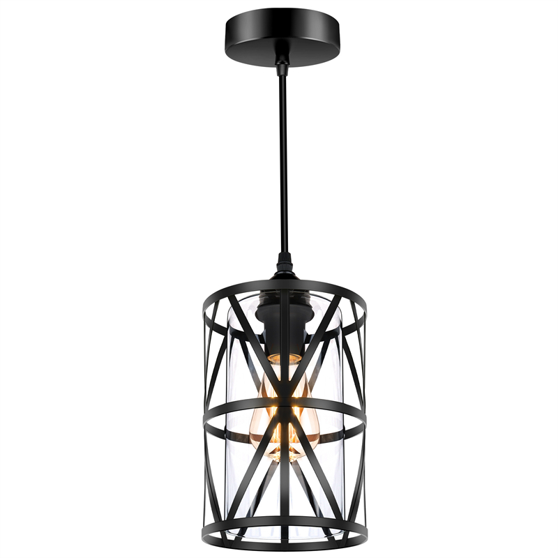 Industrial Metal Pendant Light, Adjustable Hanging Ceiling Lighting Fixture with Cylindrical Clear Glass Shade, Black Vintage Pendant Lights for Kitchen Island Dining Room Hallway Bedroom, E26 Base