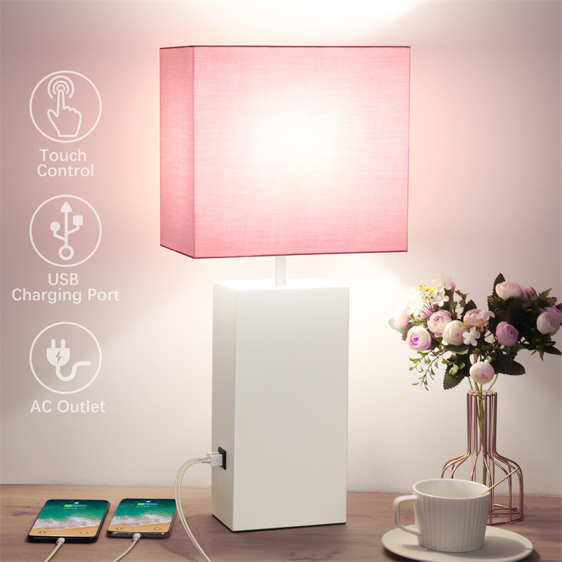 Touch Control Table Lamp, 2 USB Charging Ports, 3 Way Dimmable Bedside Nightstand Lamp with AC Outlet, Pink Shade, White Metal Base, 21 Modern Desk Lamp for Bedroom, Daylight E26 LED Bulb Included