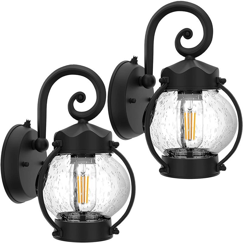 2-Pack Dusk to Dawn Sensor Outdoor Wall Sconce, Seeded Glass Exterior Wall Lantern Light Fixture, Waterproof Anti-Rust Matte Black Wall Mount Lights with E26 Base LED Bulbs for Porch Entryway Doorway