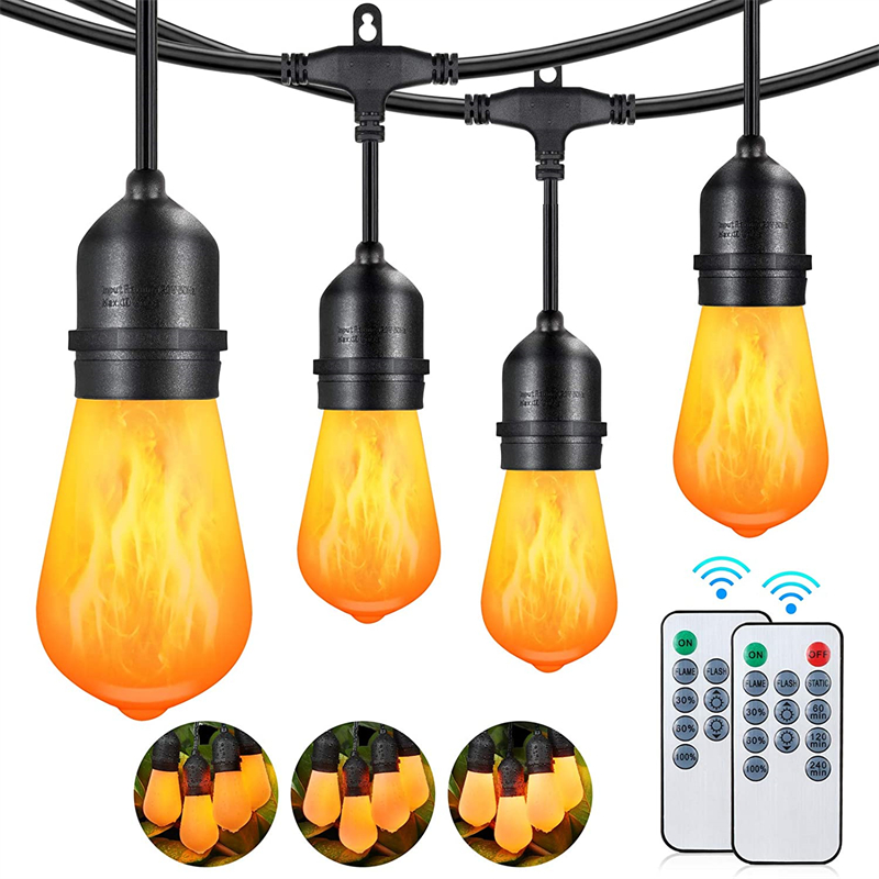 48FT Flickering Flame String Lights Outdoor, 3 Modes Dimmable LED Edison String Light with Remotes, Commercial Grade Waterproof Shatterproof Light Strings for Patio Cafe Bistro Pergola Backyard Garden