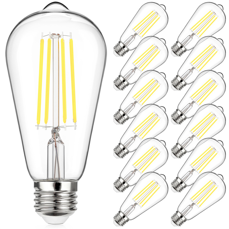 Vintage LED Edison Bulb 60W Equivalent 800 lumens, 6W ST58 LED Filament Light Bulbs, Daylight White 5000K Antique Style Lighting, E26 Medium Screw Base, CRI 85+, Non-Dimmable, Pack of 12