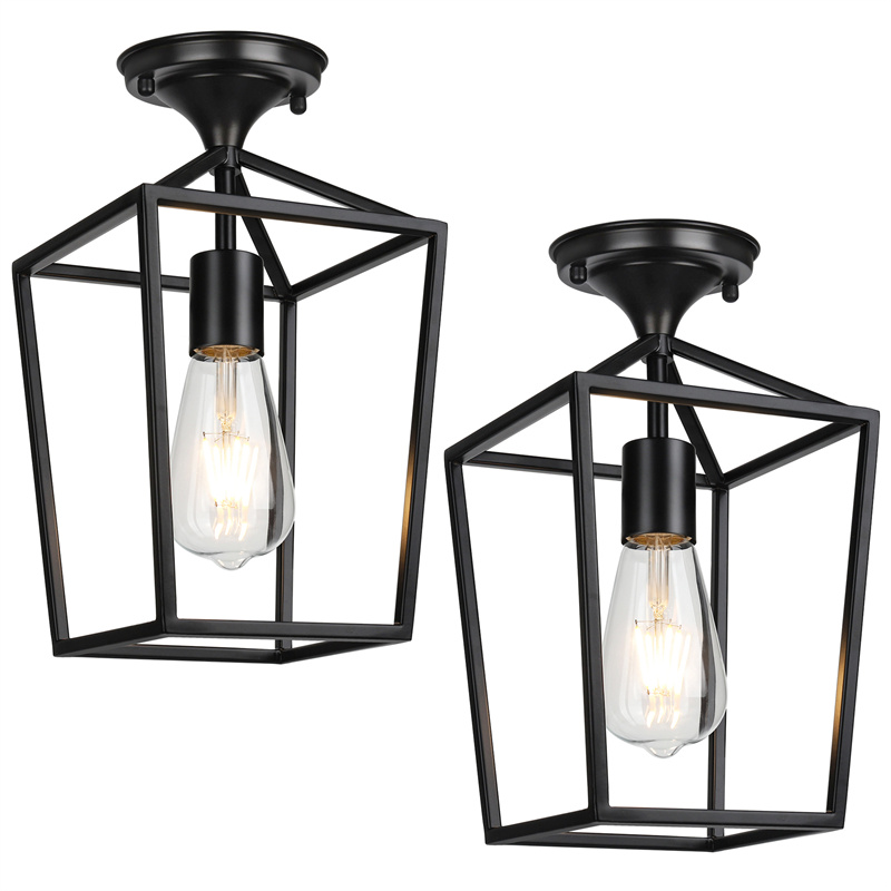 Semi-Flush Mount Ceiling Lights, Black Industrial Ceiling Light Fixtures, E26 Base Farmhouse Lighting for Porch Hallway Stairway Garage Laundry Room, 2 Packs