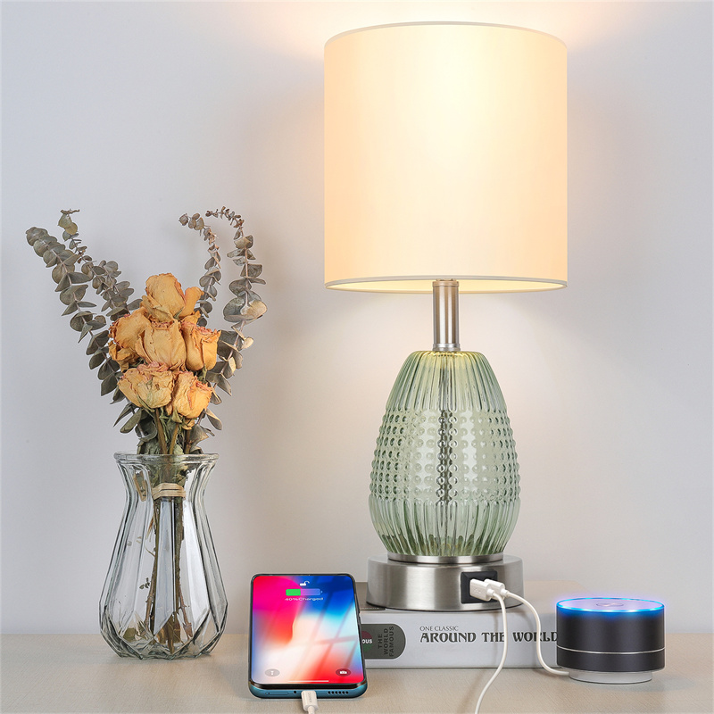 Touch Control Table Lamp, 3 Way Dimmable Nightstand Lamp with 2 USB Charging Ports, Green Glass, Silver Base, Fabric Shade Desk Reading Light for Bedroom Living Room, LED Bulb Included