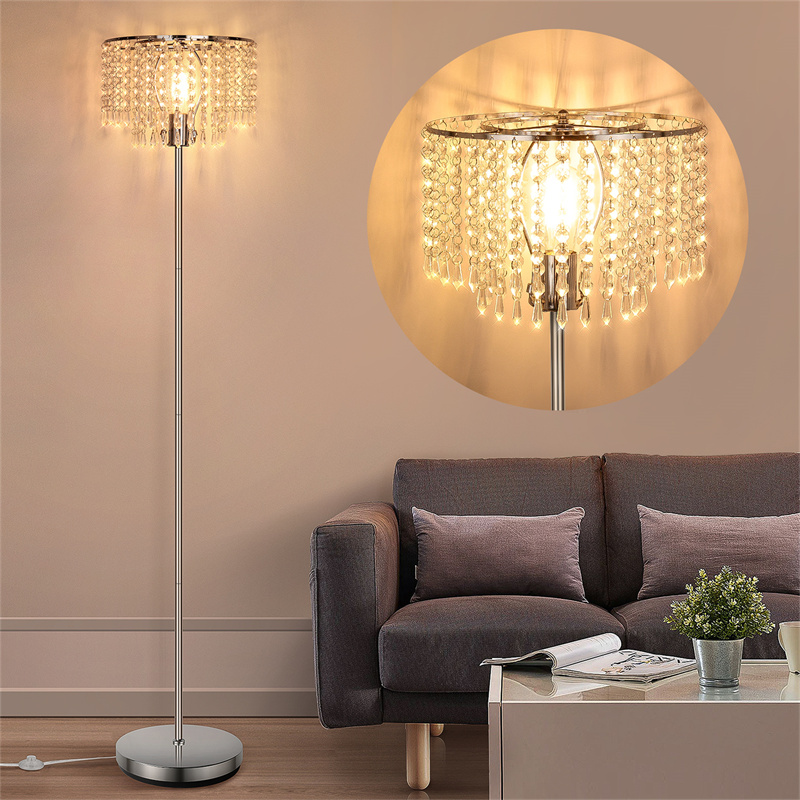 Crystal Floor Lamp, Modern Standing Lamp for Living Room, K9 Crystal Shade LED Floor Lamp Chrome Finish, Industrial Tall Pole Lamp for Bedroom Office Study Room, 6W 2700K LED Bulb Included