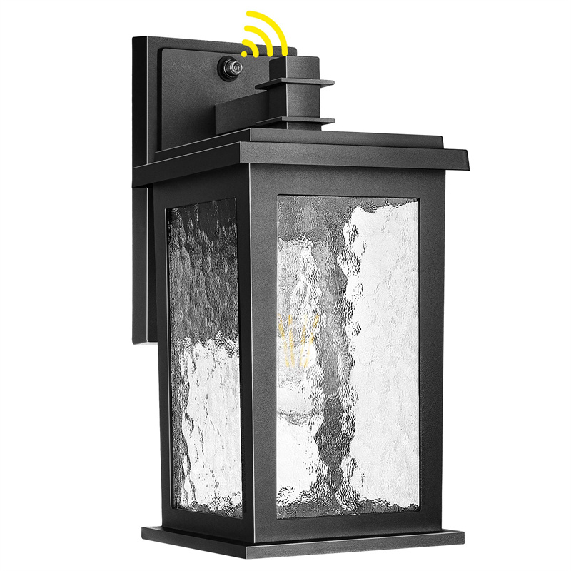 Dusk to Dawn Sensor Outdoor Wall Lantern, Matte Black Exterior Wall Sconce Light Fixture with Water Glass Shade, E26 Base, Waterproof Anti-Rust Wall Mount Porch Lighting for Entryway Garage Doorway