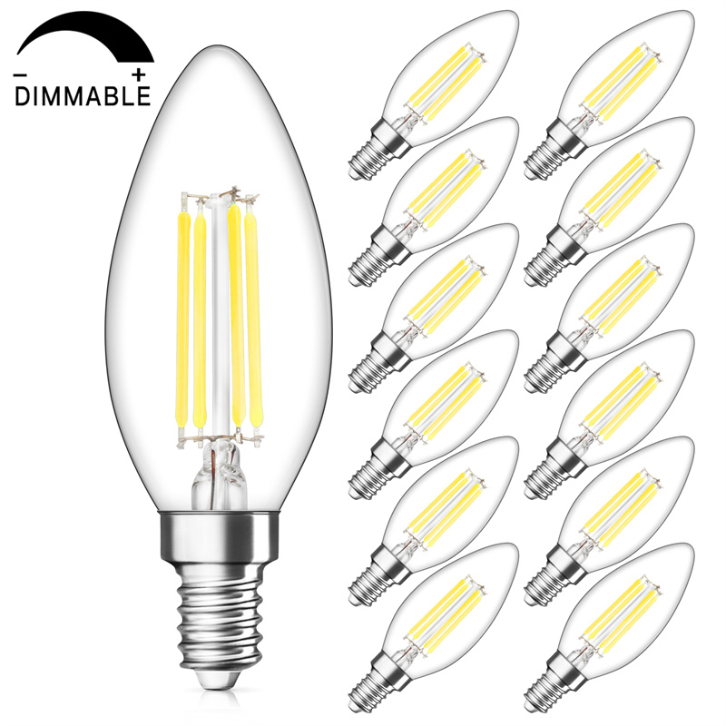 Dimmable E12 Candelabra LED Bulbs 40W Equivalent, Daylight White 5000K, 4W Filament LED Chandelier Light Bulbs, B11 Vintage Edison Clear Candle lamp, Decorative Candelabra Base, Pack of 12