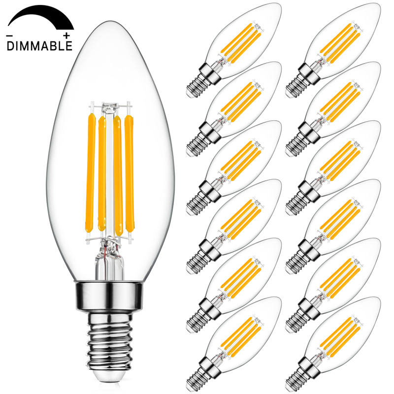 Dimmable E12 Candelabra LED Bulbs 40W Equivalent, 2700K Warm White, 4W Filament LED Chandelier Light Bulbs, B11 Vintage Edison Clear Candle lamp with Decorative Candelabra Base, Pack of 12