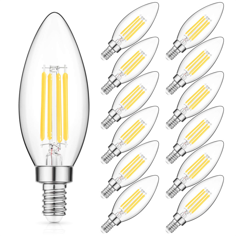 LED Candelabra Bulbs 40W Equivalent, E12 LED Filament Light Bulb 5000K Daylight White, 4W Decorative Chandelier Lamp, B11 Clear Glass Candle Torpedo Shape, Pack of 12