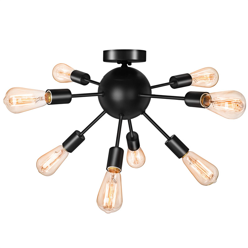 Semi Flush Mount Ceiling Light with 8 Light, Modern Black Sputnik Chandelier with E26 Base, Industrial Vintage Ceiling Lamp Fixture for Bedroom Kitchen Entryway Hallway