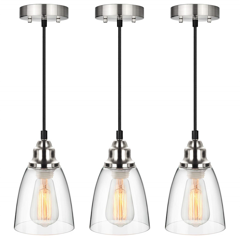 Industrial Mini Pendant Lighting, Clear Glass Shade Hanging Light Fixture, Brushed Nickel, Adjustable Vintage Edison Farmhouse Lamp for Kitchen Island, Restaurants, Hotels and Shops, 3-Pack