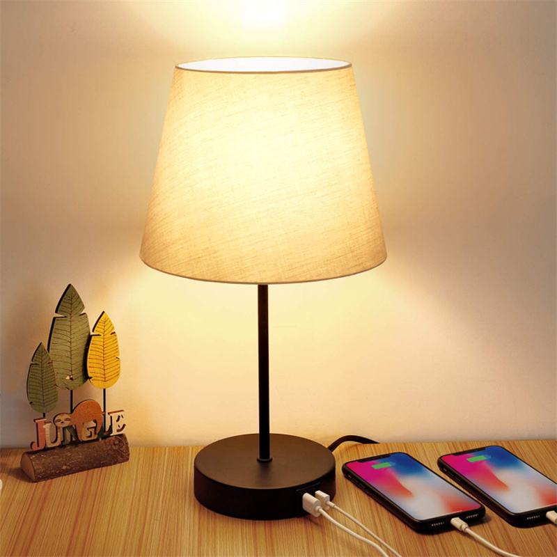 Touch Control Table Lamp, 3 Way Dimmable Nightstand Lamps with 2 USB Charging Ports, Fabric Shade Modern Bedside Desk Lamp for Bedroom Living Room, 6W 2700K E26 LED Edison Bulbs Included