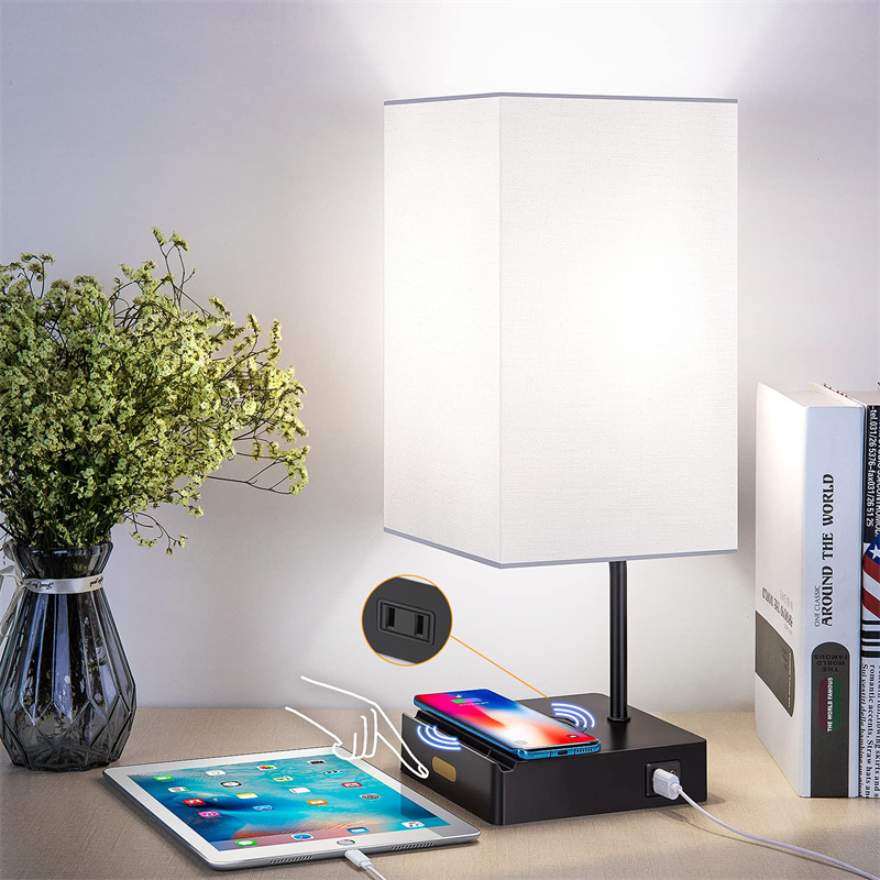 Touch Control Table Lamp With Wireless Charger, 3 Way Dimmable Bedside Lamp with USB, Type-c Charging Ports, AC Outlet, White Fabric Shade Modern Nightstand for Living Room Bedroom with 4000K LED Bulb