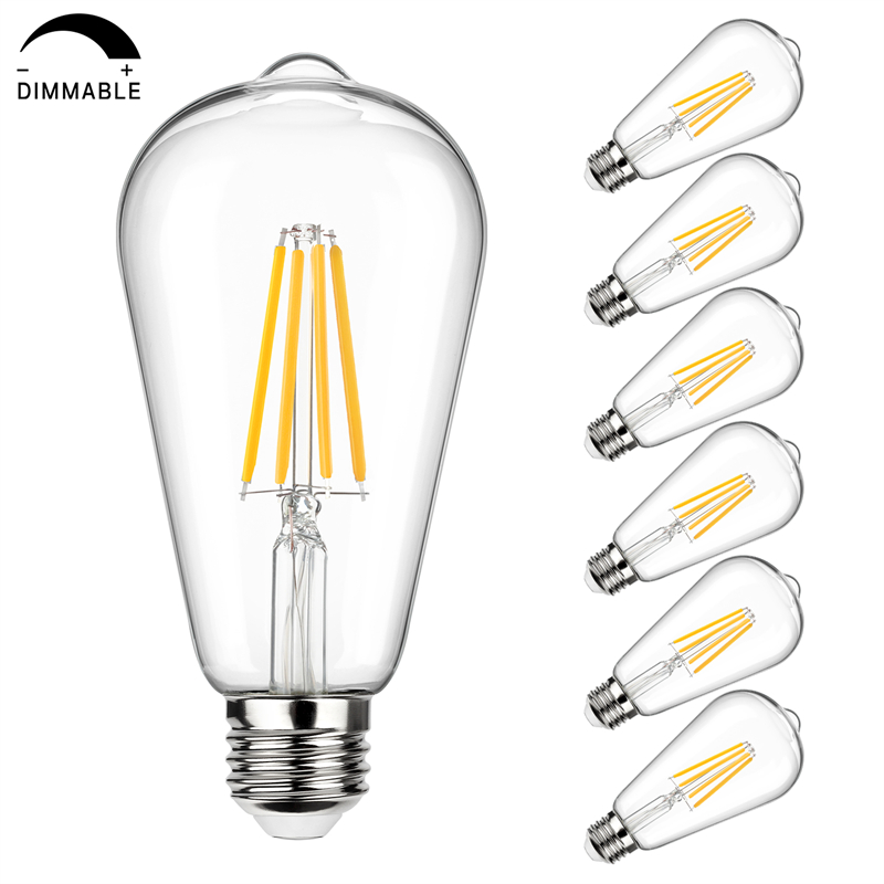 Vintage LED Edison Bulb 100W Equivalent 1050 Lumens, Dimmable 10W ST64 LED Filament Light Bulbs, Warm White 2700K Antique Style Lighting, E26 Medium Screw Base, Pack of 6