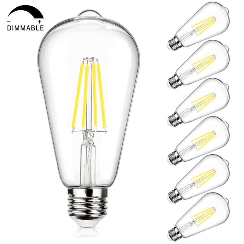 Vintage LED Edison Bulb 100W Equivalent 1050 Lumens, Dimmable 10W ST64 LED Filament Light Bulbs, Daylight White 5000K Antique Style Lighting, E26 Medium Screw Base, Pack of 6