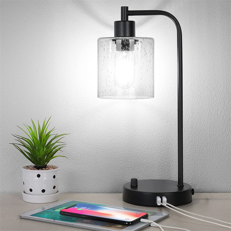 Industrial Table Lamps, Stepless Dimmable Bedside Desk lamp with 2USB Charging Ports, Seeded Glass Lampshade, LED Bulbs for Livingroom, Bedroom, Office(Daylight White)