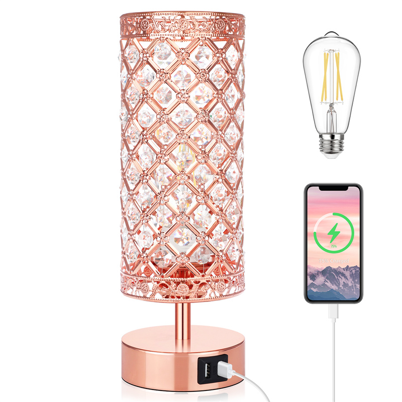 Crystal Touch Control Table Lamp, Rose Gold Dimmable K9 Crystal Bedside Nightstand Lamps with USB Charging Ports, Small Pink Decorative Night Lights for Bedroom Living Room, 4000K White Bulb