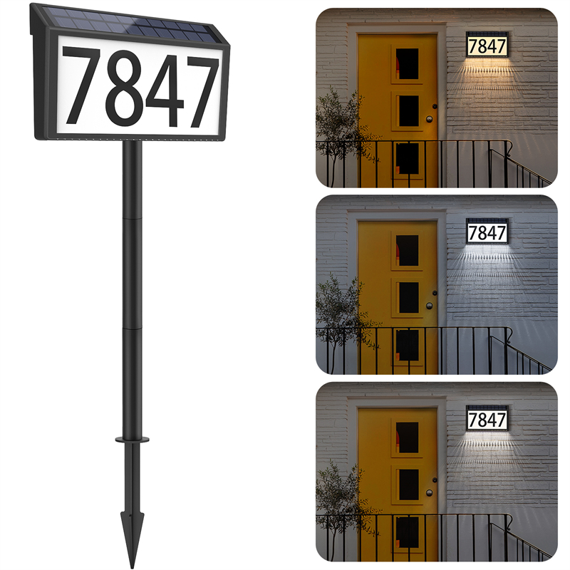 Solar Powered Address Sign House Numbers Waterproof, 3 Lighting Modes LED Illuminated Address Wall Plaque with Stakes, Outdoor Wall Mounted & In Ground Address Number for Home Yard