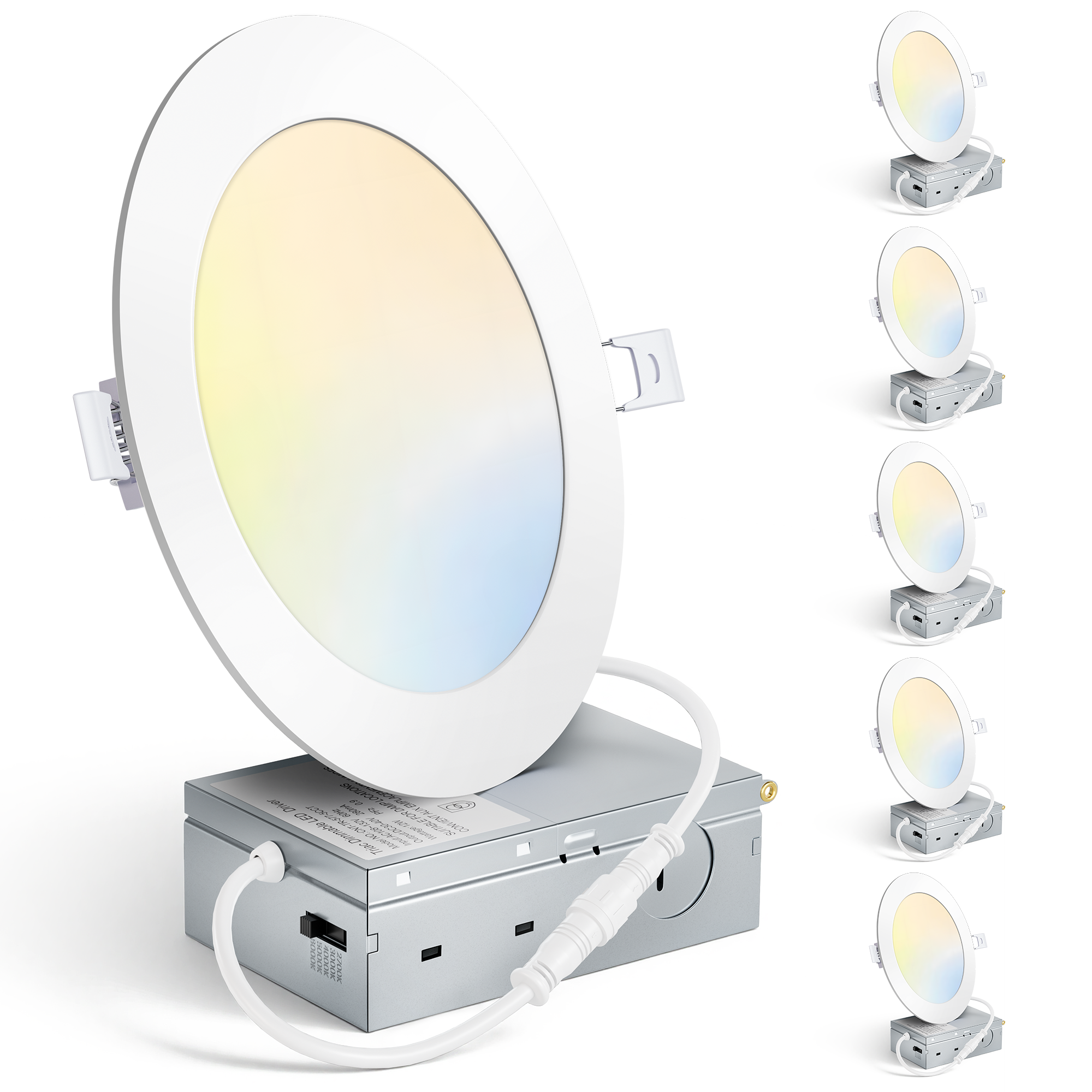 MAXvolador 6 Pack 6 Inch LED Recessed Ceiling Light with Junction Box 1200LM High Brightness, 2700K-6000K 5CCT Dimmable, 12W Ultra-Thin Canless Wafer Downlight